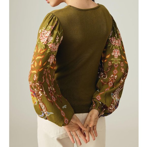 Anthropologie Bl-nk Printed-Sleeve Sweater Top Green Motif - Medium - Picture 3 of 10